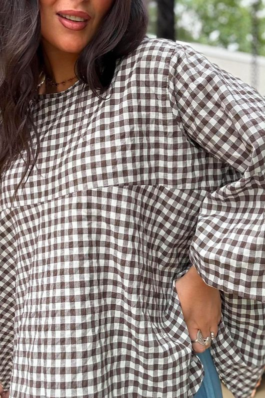 Nonni Gingham Bell Sleeve Peasant Blouse Chocolate